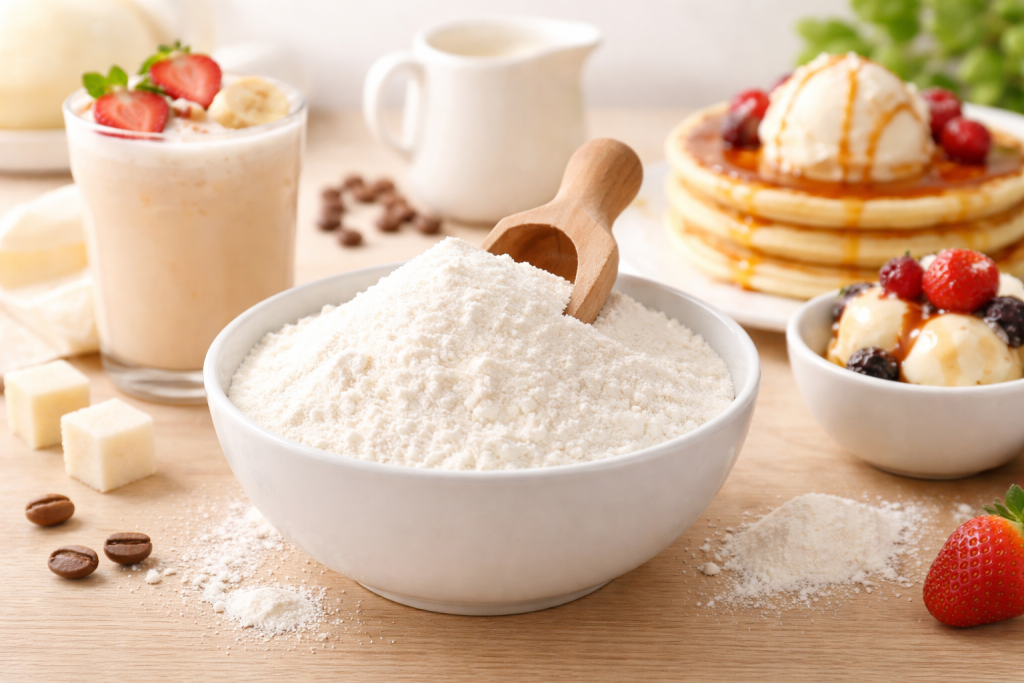 non dairy creamer powder in a bowl with food and beverage applications in background